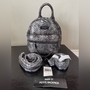 BCBG Paris Main Street Petite Backpack Silver Snake Skin With Chain NWT